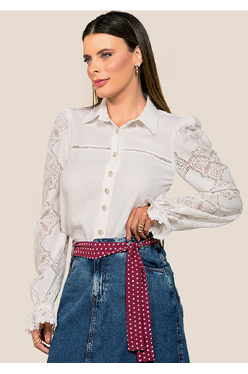 1873 - CAMISA BRANCA COM RENDA NA MANGA ROW-AN
