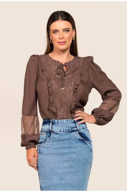 1877 - CAMISA MARROM COM RENDA ROW-AN 