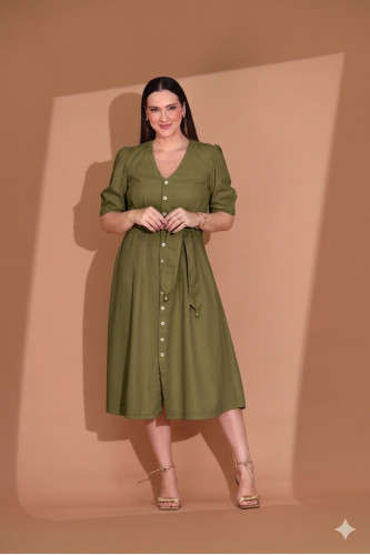 21137 - VESTIDO PREGA MIDI C/FAIXA VERDE FOLHA - ILLUSYON
