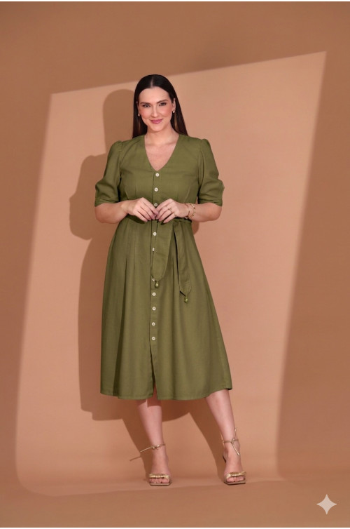 21137 - VESTIDO PREGA MIDI C/FAIXA VERDE FOLHA - ILLUSYON