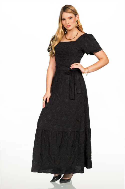2635 - VESTIDO LONGO PRETO BORDADO ROW-AN 