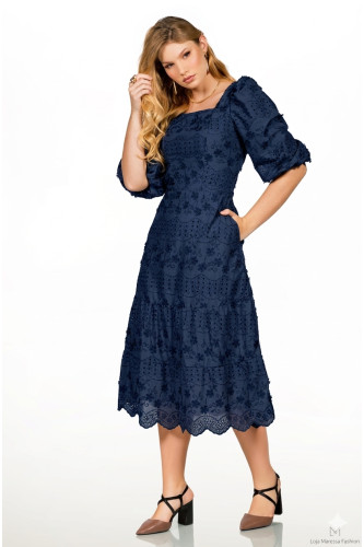 2640 - VESTIDO AZUL MARINHO BORDADO ROW-AN 