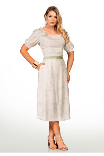 2672 - VESTIDO OFF WHITE ESTAMPADO VERDE ROW-AN 