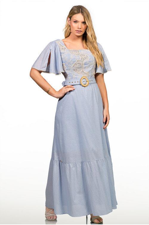 2703 - VESTIDO AZUL BORDADO COM CINTO ROW-AN 2703 - VESTIDO AZUL BORDADO COM CINTO ROW-AN