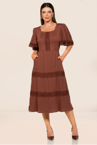 2720 - VESTIDO MIDI MARROM ROW-AN