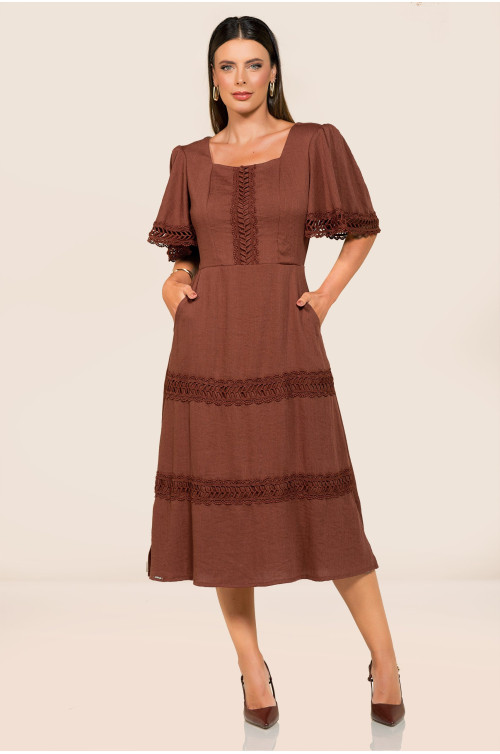 2720 - VESTIDO MIDI MARROM ROW-AN