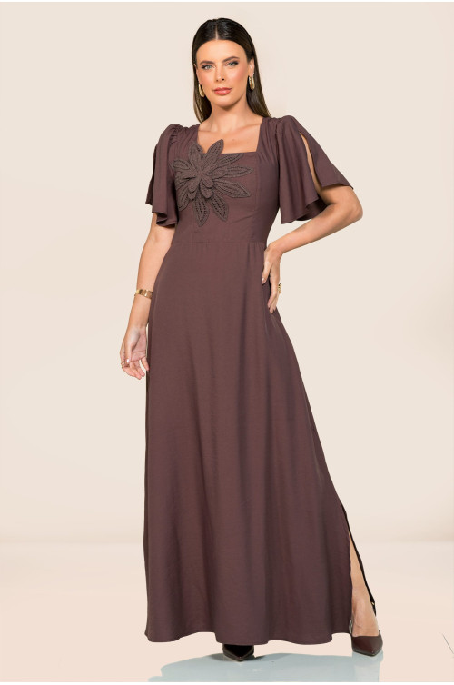 2722 - VESTIDO LONGO COM APLICAÇÃO MARROM ROW-AN 