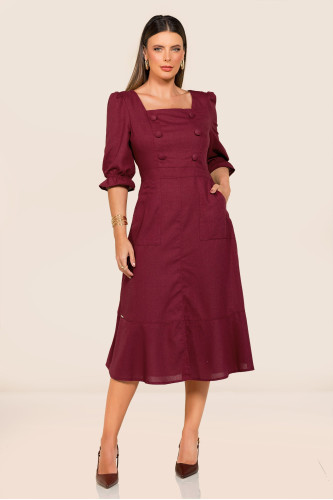 2725 - VESTIDO MIDI COM BOTOES VINHO ROW-AN 