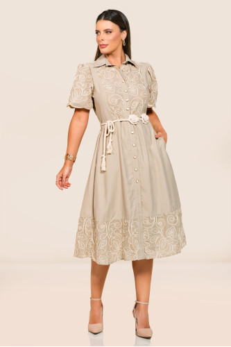 2742 - VESTIDO MIDI BORDADO VERDE COM CINTO ROW-AN 
