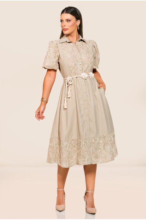 2742 - VESTIDO MIDI BORDADO VERDE COM CINTO ROW-AN 