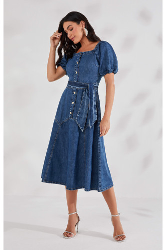 27629 - VESTIDO EVASE JEANS COM RECORTES  120CM