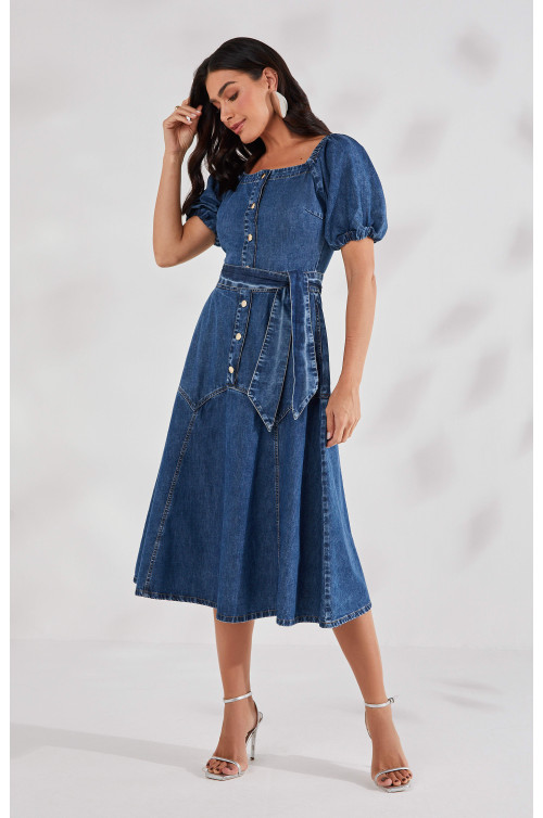 27629 - VESTIDO EVASE JEANS COM RECORTES  120CM