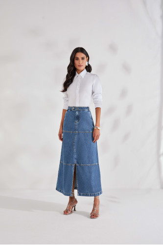 27619 - SAIA SEMI EVASE JEANS COM RECORTES 95CM