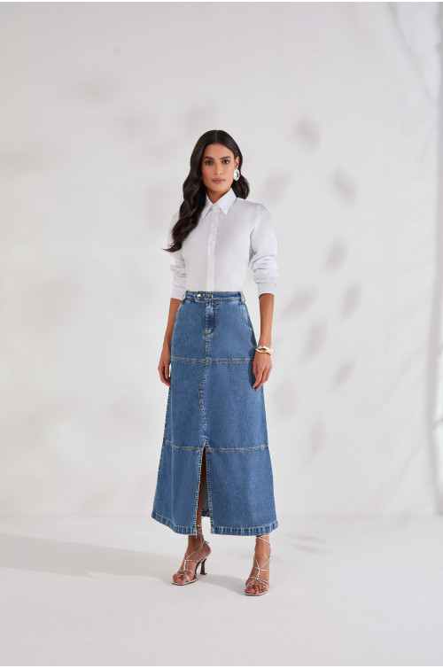 27619 - SAIA SEMI EVASE JEANS COM RECORTES 95CM