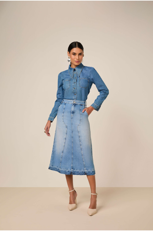 27808 - SAIA JEANS EVASÊ COM RECORTES E BARRA DESFEITA 85CM