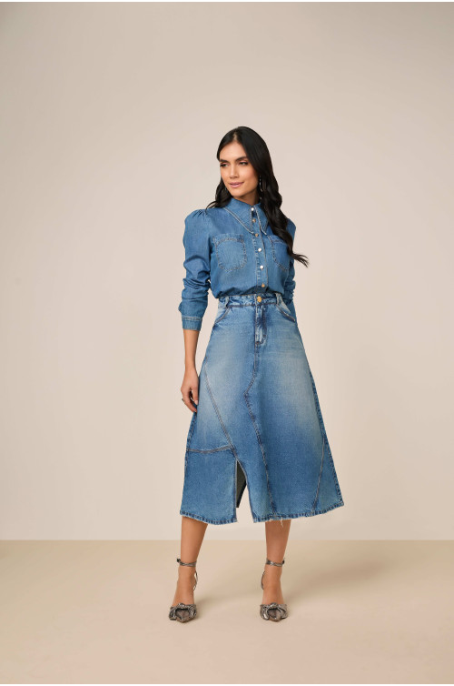 27809 - SAIA EVASE JEANS COM RECORTES E ABERTURA 85CM
