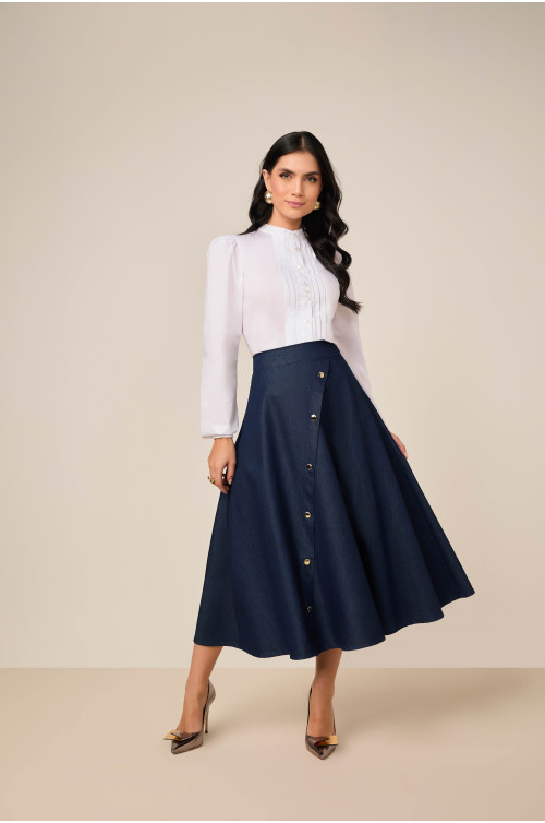 27785 - SAIA JEANS GODÊ COM FALSO TRANSPASSE COM BOTÕES 80CM