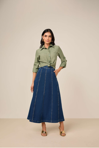27796 - SAIA EVASÊ JEANS COM RECORTES 80CM