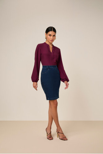 27832 - SAIA RETA JEANS COM DETALHE DE TRANÇA NA LATERAL 55CM