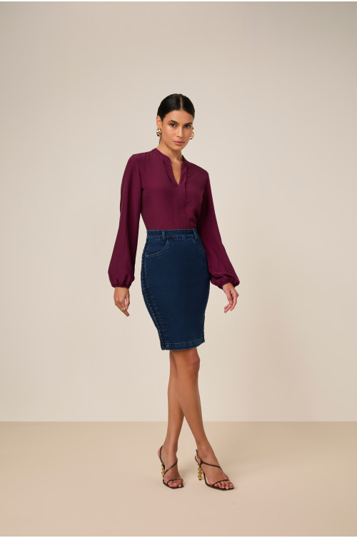 27832 - SAIA RETA JEANS COM DETALHE DE TRANÇA NA LATERAL 55CM