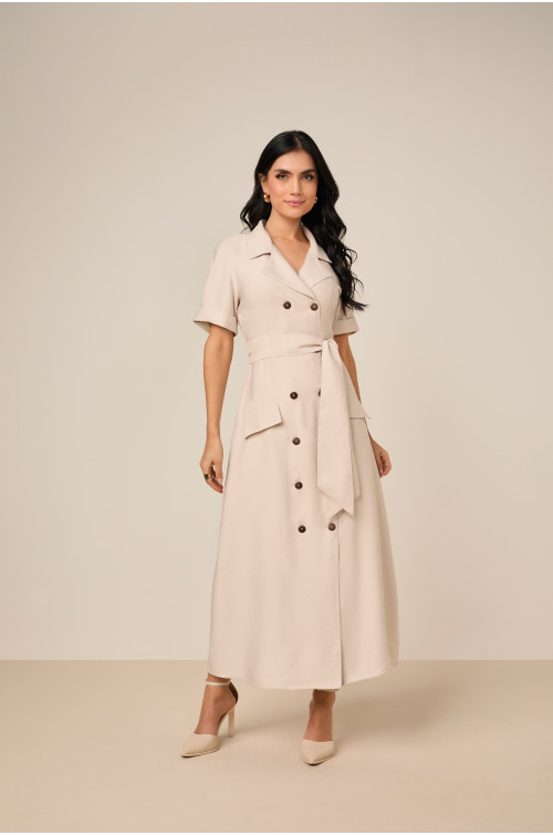 27848 - VESTIDO ALFAIATARIA DE VISCOSE QUAKER COM BOTÕES DE COCO 130CM