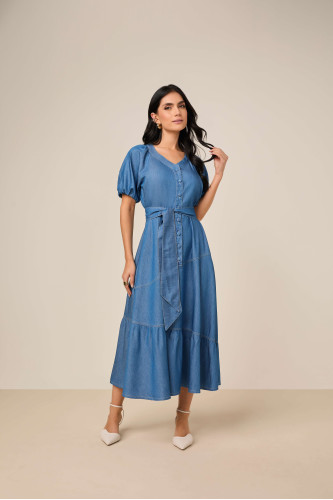 27870 VESTIDO EVASÊ JEANS COM RECORTES 125CM
