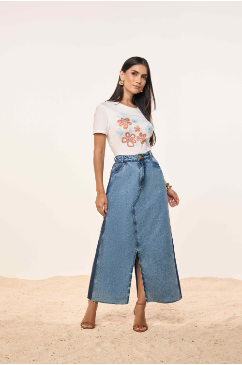 28025-SAIA JEANS SEMI EVASÊ COM ABERTURA 95CM 28025-SAIA JEANS SEMI EVASÊ COM ABERTURA 95CM
