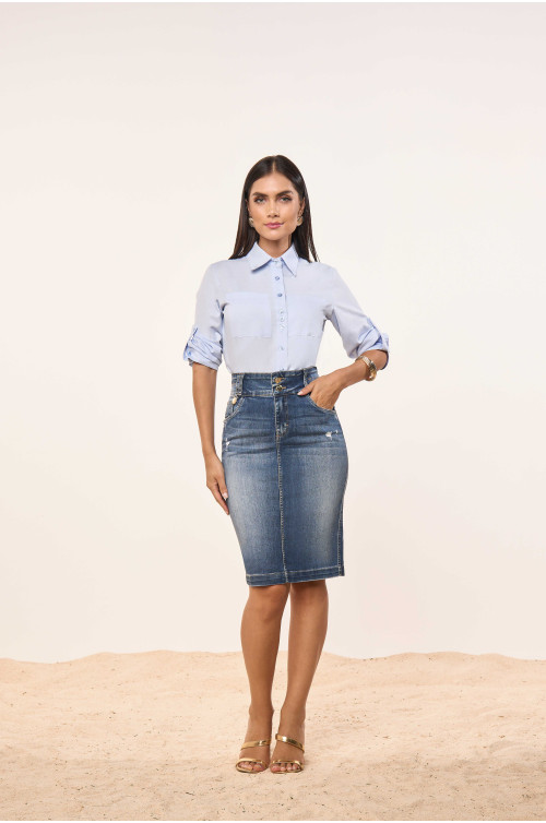 28005- SAIA TRADICIONAL JEANS 2 BOTÕES 62CM