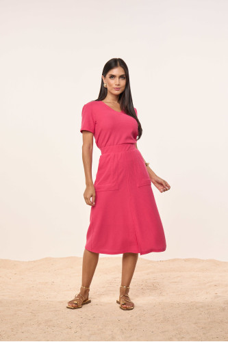 28015 - CONJUNTO BLUSA MALHA TRICOT ROSA E SAIA EVASE DE MALHA TRICOT