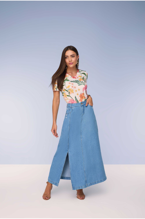 28057- SAIA SEMI EVASÊ JEANS COM ABERTUTA LONGA