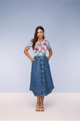 28056- SAIA EVASÊ JEANS COM BOTÕES E BARRA ASSIMETRICA 75/85CM