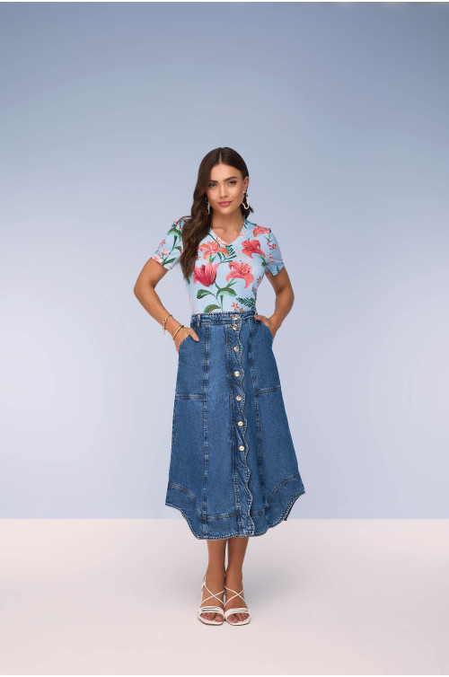 28056- SAIA EVASÊ JEANS COM BOTÕES E BARRA ASSIMETRICA 75/85CM