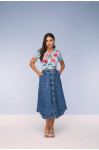 28056- SAIA EVASÊ JEANS COM BOTÕES E BARRA ASSIMETRICA 75/85CM