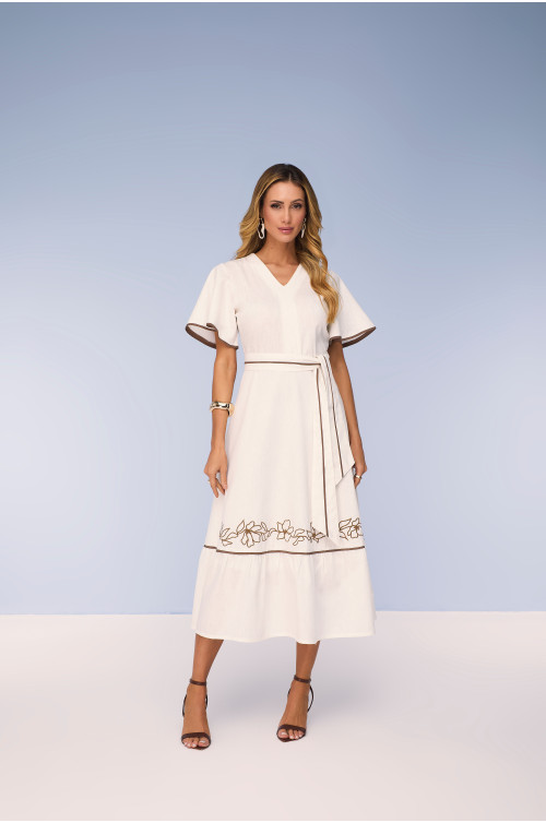 28092- VESTIDO SEMI GODÊ DE SARJA LEVE BORDADO OFF WHITE 125CM