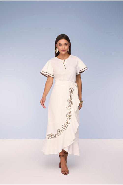 28094 CONJUNTO SAIA DE SARJA LEVE OFF WHITE E BLUSA DE SARJA LEVE OFF WHITE 