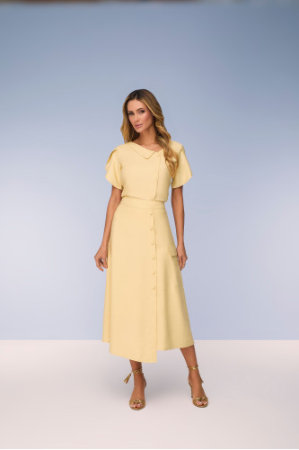 28133AM - CONJUNTO BLUSA ALFAIATARIA DE VISCOSE E SAIA EVASE ALFAIATARIA 