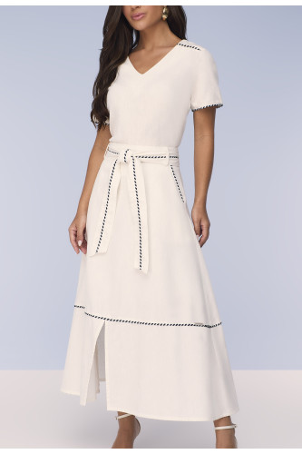 28138 - CONJUNTO BLUSA DE SARJA LEVE OFF WHITE E SAIA GODE DE SARJA LEVE
