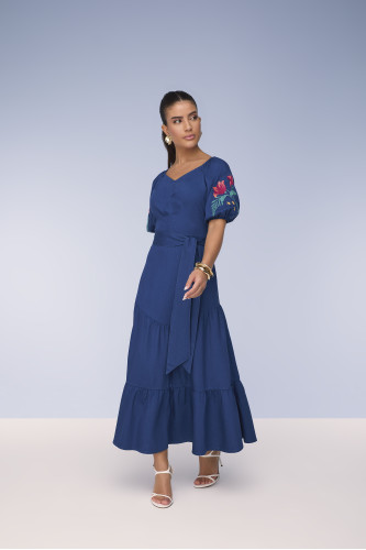 28147 - VESTIDO SEMI GODE JEANS COM BORDADO 125CM