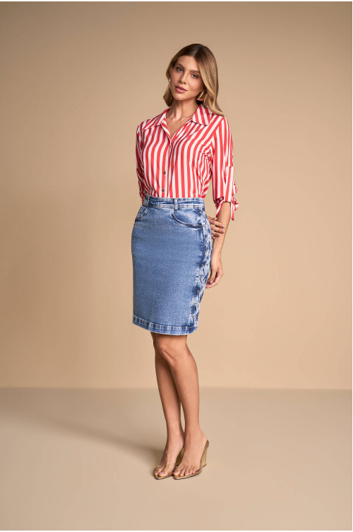 28381 - SAIA RETA JEANS COM TRANÇADO LATERAL 55CM TITANIUM 28381 - SAIA RETA JEANS COM TRANÇADO LATERAL 55CM TITANIUM