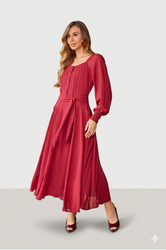 4850.34 VESTIDO MANGA LONGA COM FAIXA NA CINTURA - VERMELHO