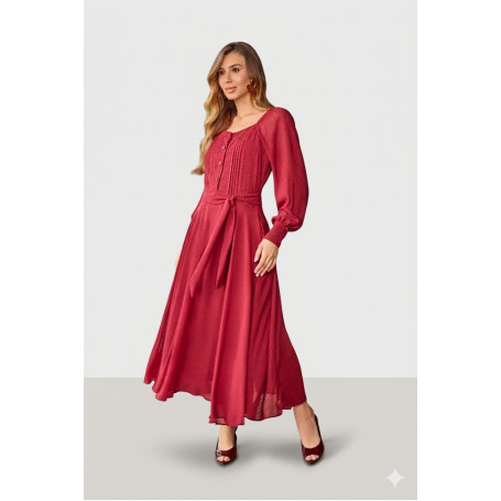 4850.34 VESTIDO MANGA LONGA COM FAIXA NA CINTURA - VERMELHO
