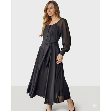 4850.84 VESTIDO MANGA LONGA COM FAIXA NA CINTURA - PRETO 