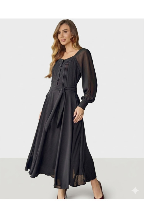 4850.84 VESTIDO MANGA LONGA COM FAIXA NA CINTURA - PRETO 