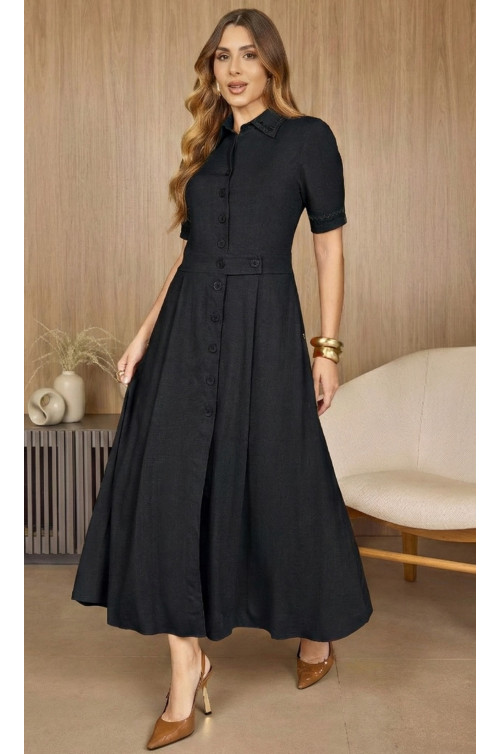  4864.84 VESTIDO GODÊ COM BORDADO EM LINHA - PRETO