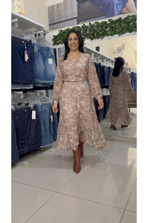 4879.55 VESTIDO MIDI ESTAMPADO - MARROM 