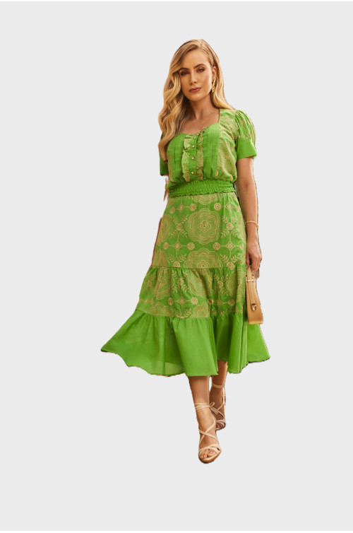 6324.64 CONJUNTO BLUSA E SAIA VERDE COM DETALHE D'azul