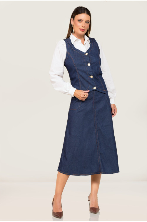 3169 CONJUNTO COLETE E SAIA JEANS COM CINTO ROW-AN 