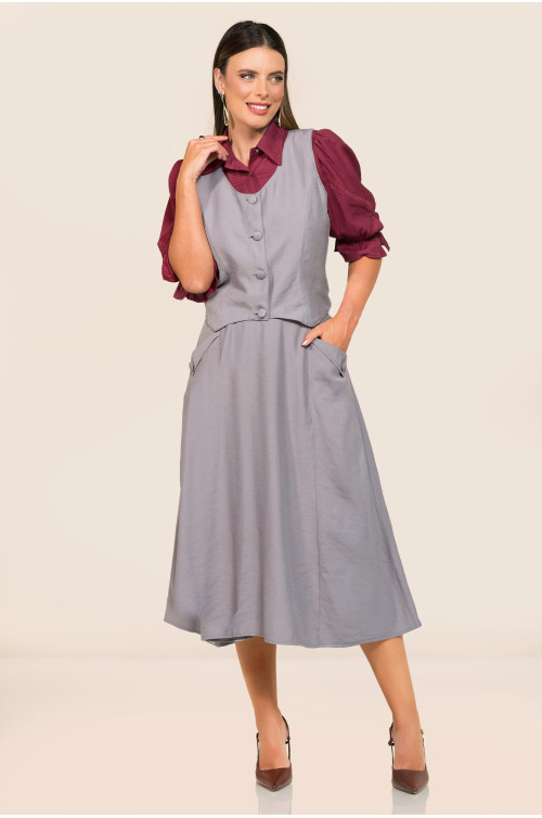 3170/5621 CONJUNTO SAIA MIDI ALFAIATARIA E COLETE CINZA ROW-AN