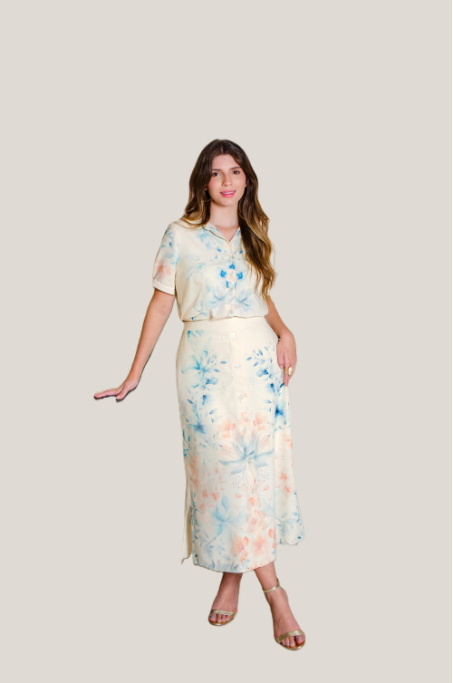 6404.85 CONJUNTO ESTAPADO BLUSA E SAIA D'azul