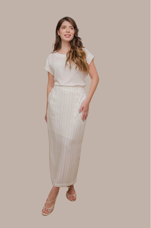 6423.85 CONJUNTO BLUSA E SAIA LISTRADA D'azul 